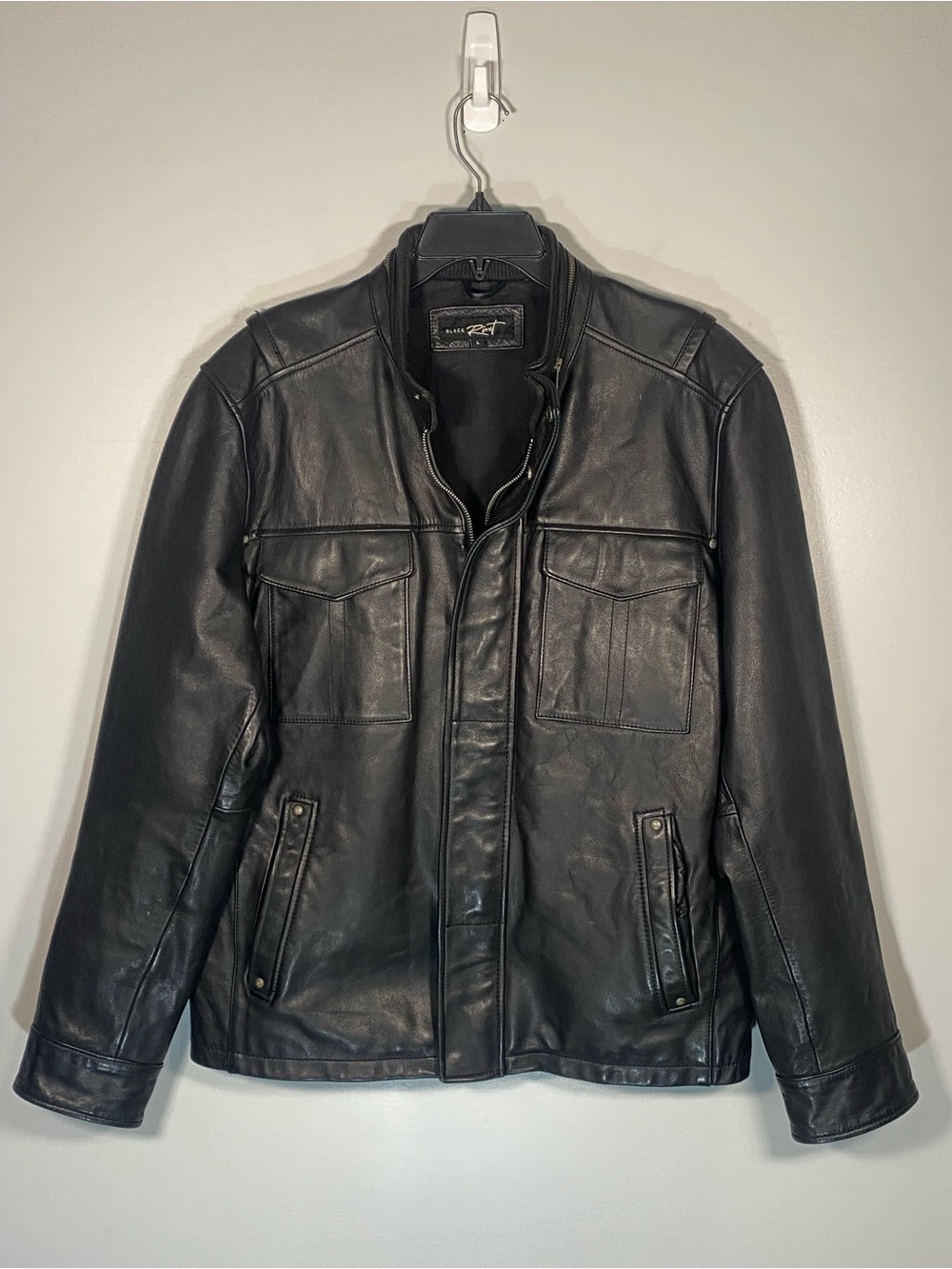 Black Rivet Men's Black Leather Bomber Jacket 100% Genuine Leather
